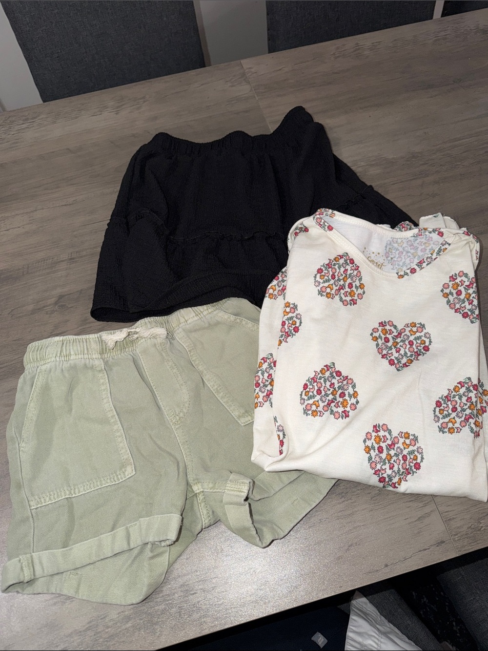 3-Piece Girls Lot - Floral Heart Nightgown NWOT, Black Skort NWOT, Sage Shorts